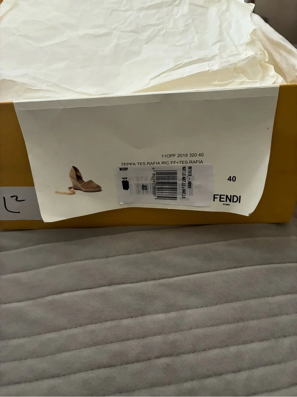 Authentic  Fendi  light  yellow  FF Logo Espadrille Wedge with Ankle Tie